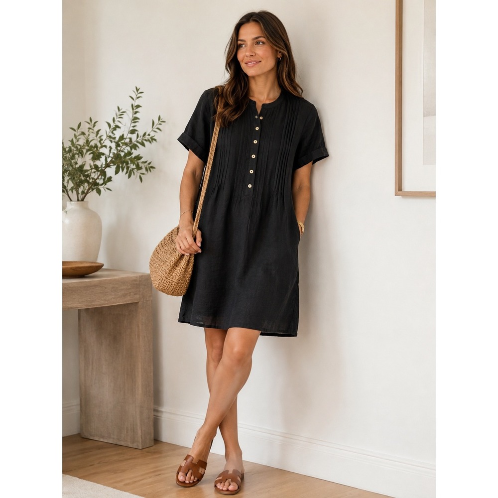 Quince Linen Pintuck Shift Dress Womens S Black Short Sleeve Pockets CMA01